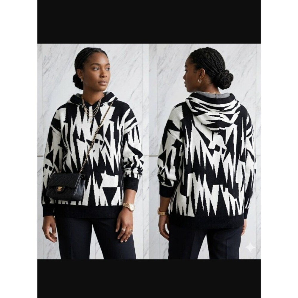 Nikita Geometric Abstract Print Oversized Knit Black White Cotton Hoodie Size XS